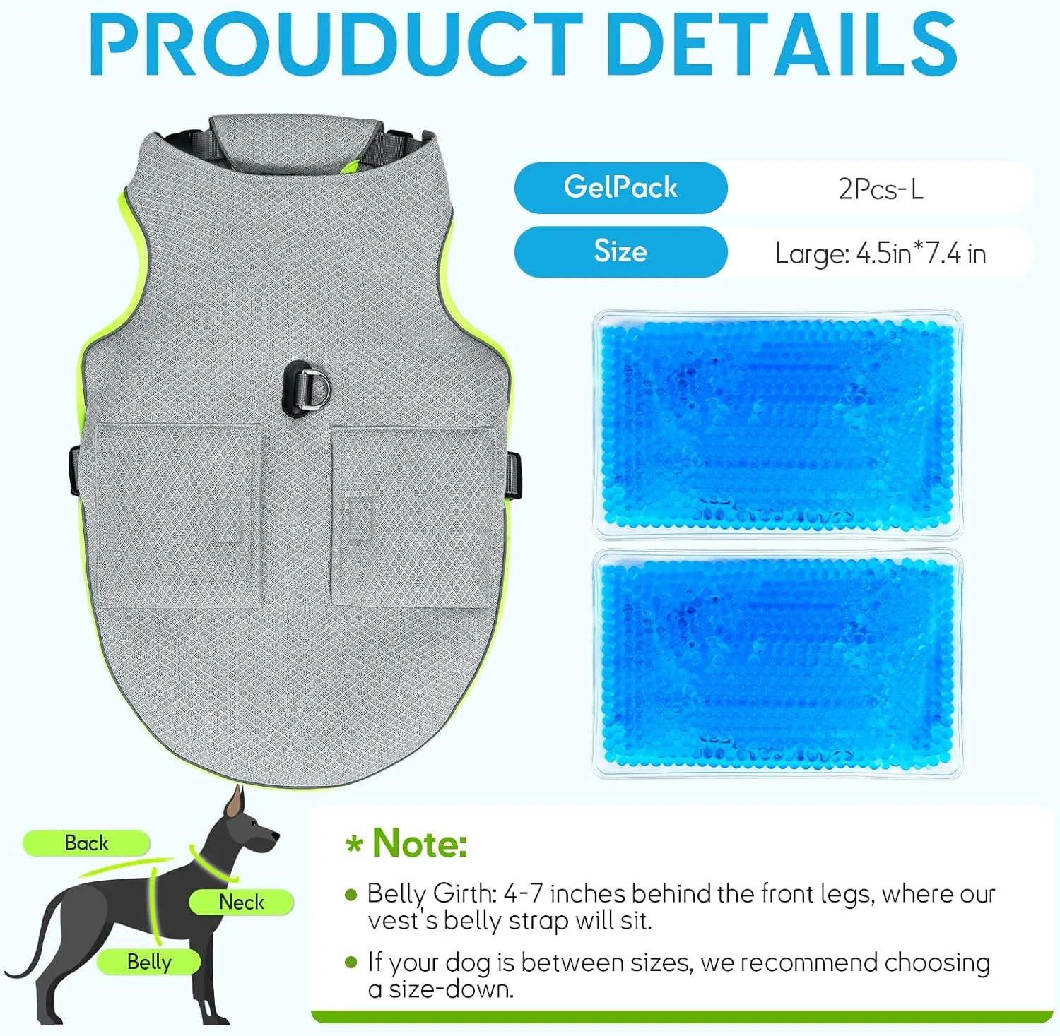 Mora Pets Dog Cooling Vest with Ice Pack Evaporation Cool Harness Adjustable Summer Shirt Pet Jacket for Hot Weather Fit Large Medium Small Dogs Grey XL