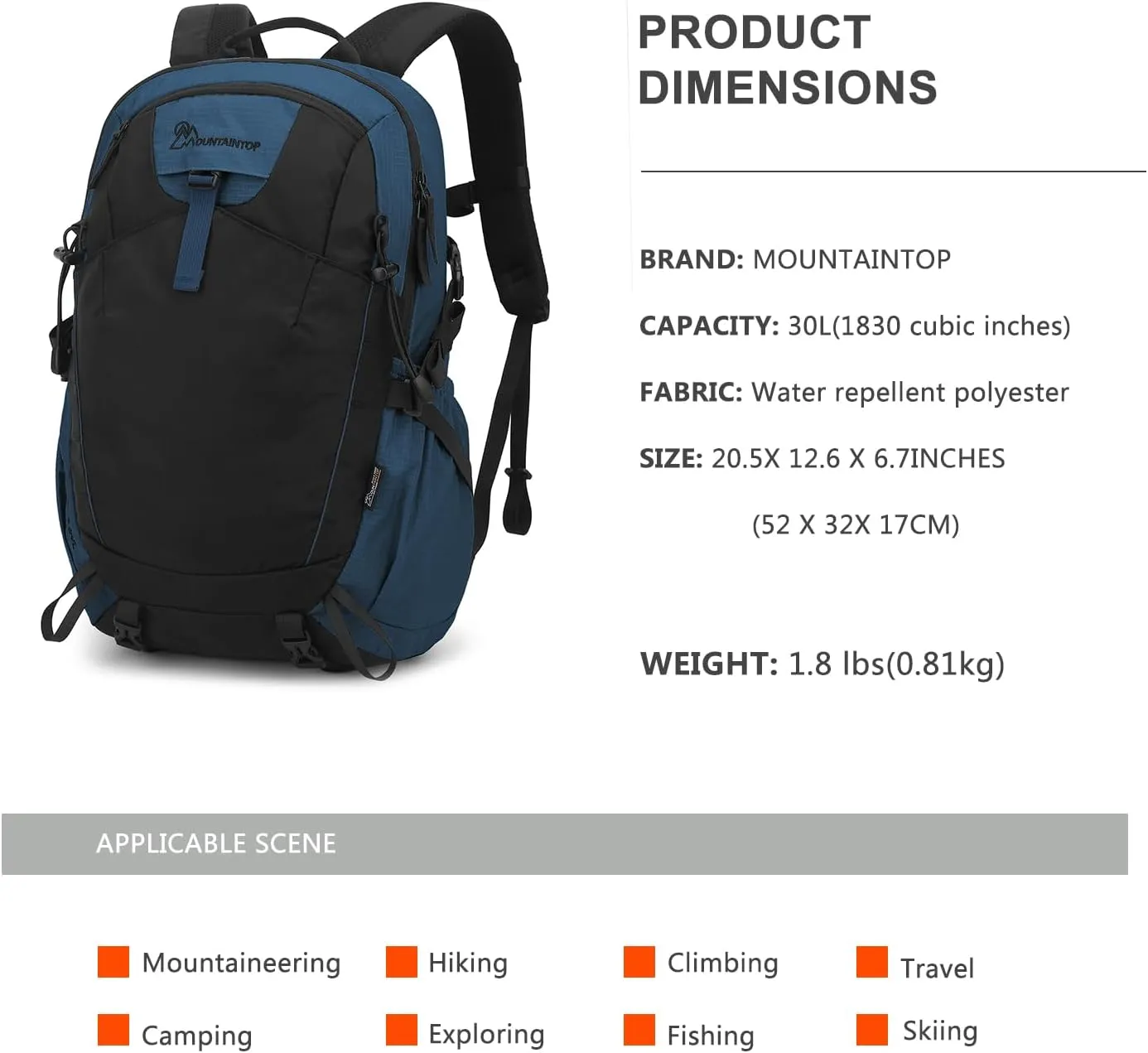 MOUNTAINTOP 30L Hiking Backpack Travel Lightweight Daypack For Outdoor Camping Backpacking