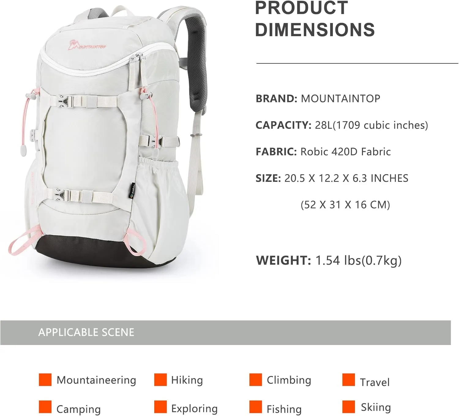 MOUNTAINTOP Small Hiking Backpack 28L Travel Daypack Lightweight for Women for Outdoor Camping, 20.5×12.2×6.3 IN，Ivory