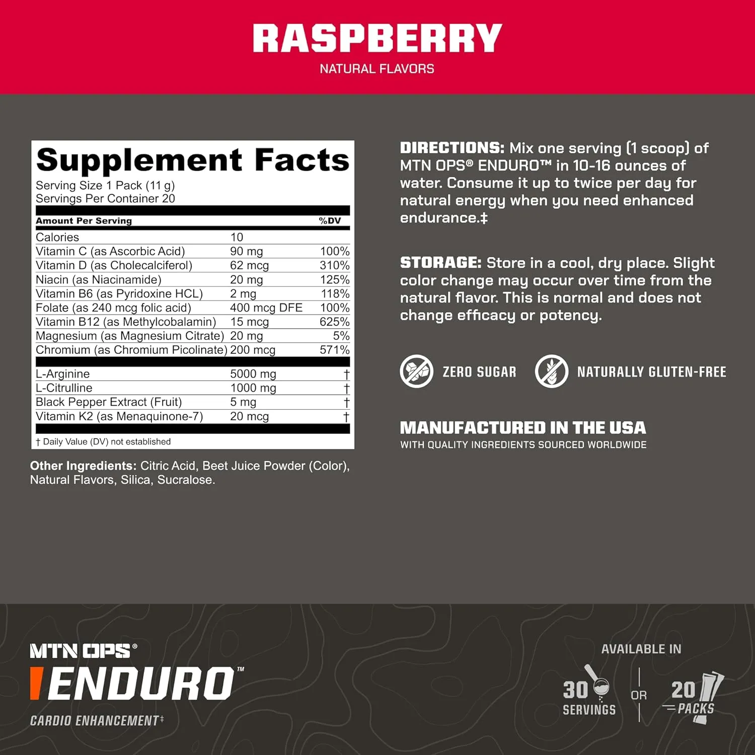 MTN OPS Enduro Trail Packs Nitric Oxide Stim Free Pre Workout | Magnesium Citrate, L Arginine & L Citrulline Caffeine Free Preworkout | 20 Serving Raspberry