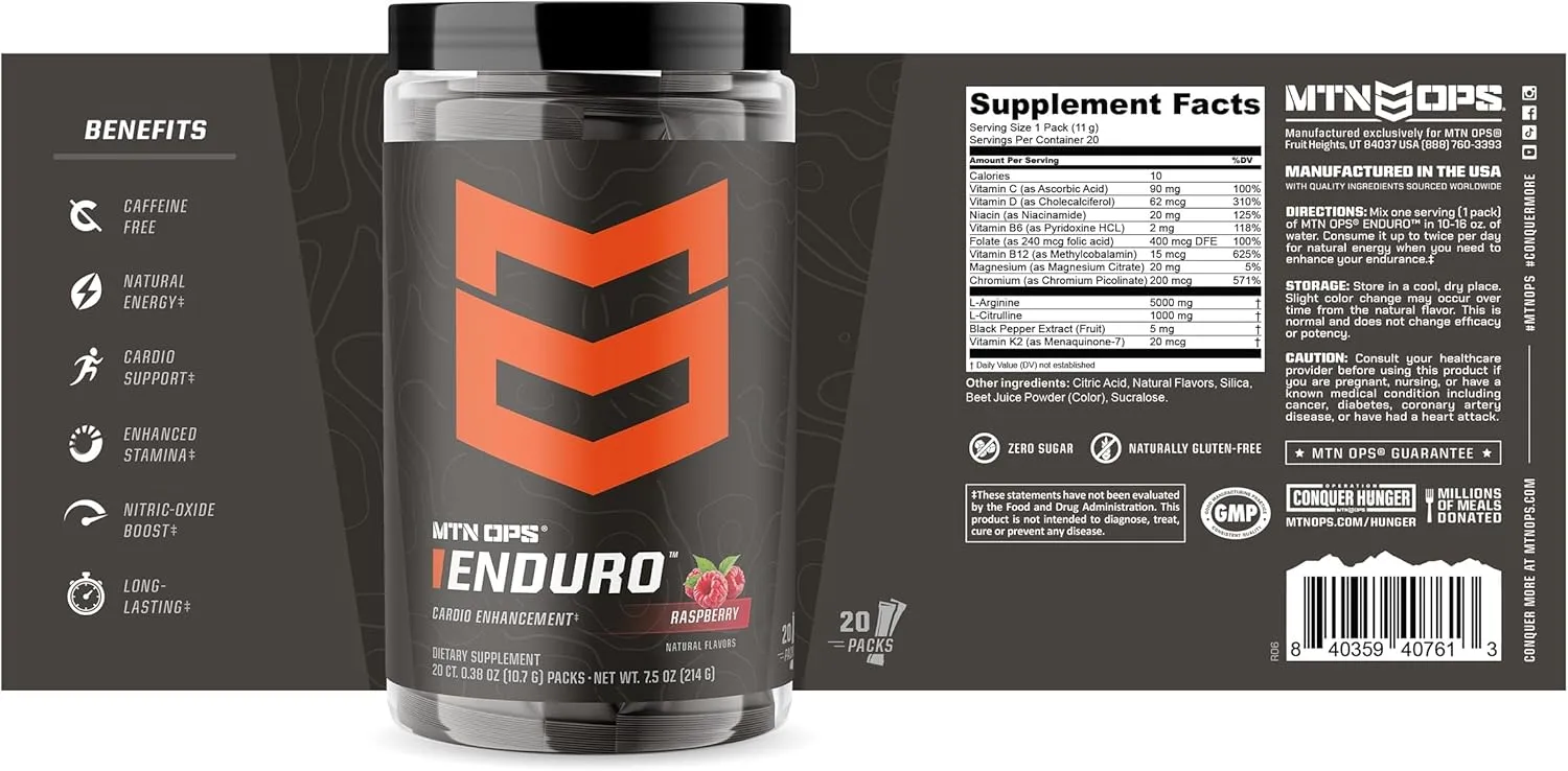 MTN OPS Enduro Trail Packs Nitric Oxide Stim Free Pre Workout | Magnesium Citrate, L Arginine & L Citrulline Caffeine Free Preworkout | 20 Serving Raspberry