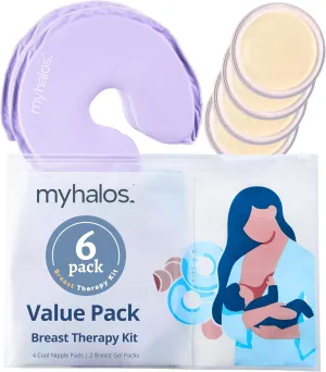 MyHalos® Breast Therapy Pack - 2 Hot Cold Breast Therapy Packs & 4 Hydrogel Nipple Pads for Breastfeeding - Breast Heating Pad Relief - Breast Ice Packs for Engorgement & Nipple Gel Soothing Pads