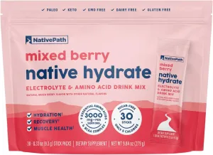 NativePath Native Hydrate Stick Packs, Sugar Free Electrolytes Powder with BCAAs, Mixed Berry Hydration, Keto & Paleo Friendly, 30 Servings