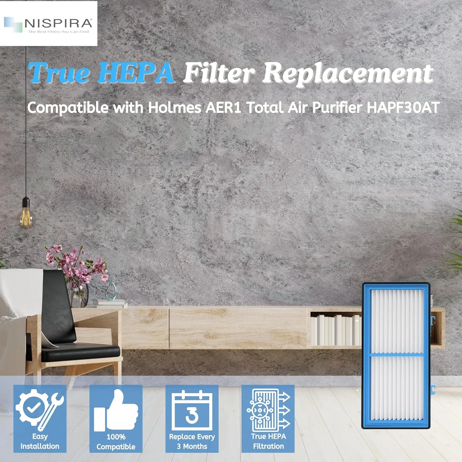 Nispira AER1 Filter Replacement for Holmes Air Purifier HAPF30AT HAP242-NUC Total Air HEPA 6 Packs, 1.2 x 10 x 4.6 Inches