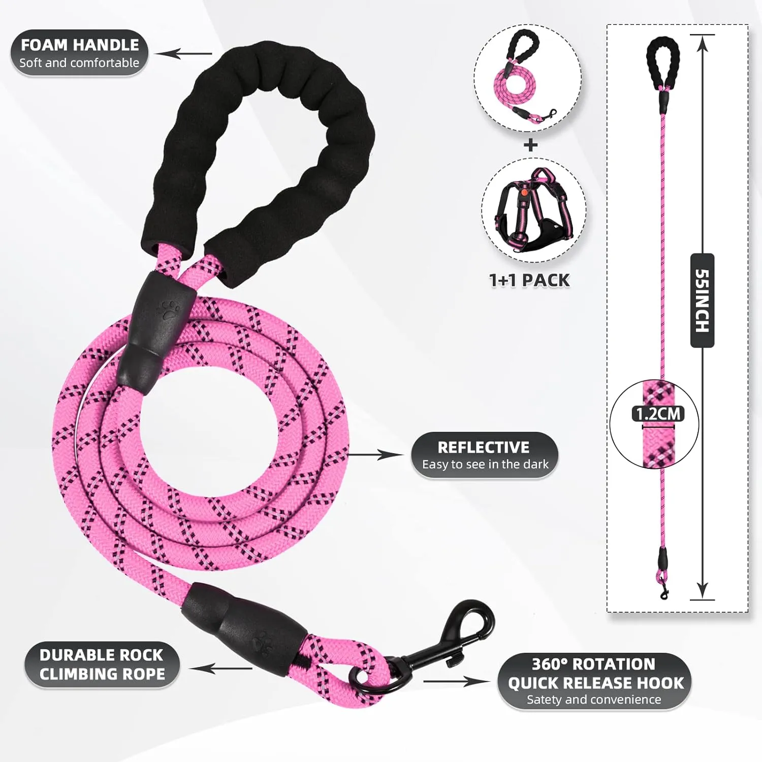 No Pull Dog Harness with A Free Heavy Duty 5ft Dog Leash, Adjustable Soft Padded Dog Vest, Reflective No-Choke Pet Oxford Vest with Easy Control Handle and Dog Leash for Dogs (Pink, Large)