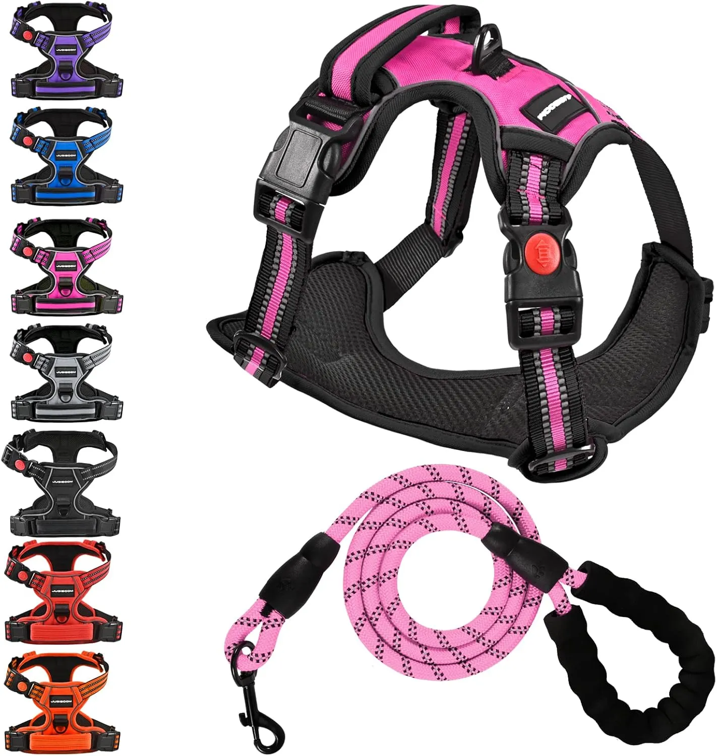 No Pull Dog Harness with A Free Heavy Duty 5ft Dog Leash, Adjustable Soft Padded Dog Vest, Reflective No-Choke Pet Oxford Vest with Easy Control Handle and Dog Leash for Dogs (Pink, Large)