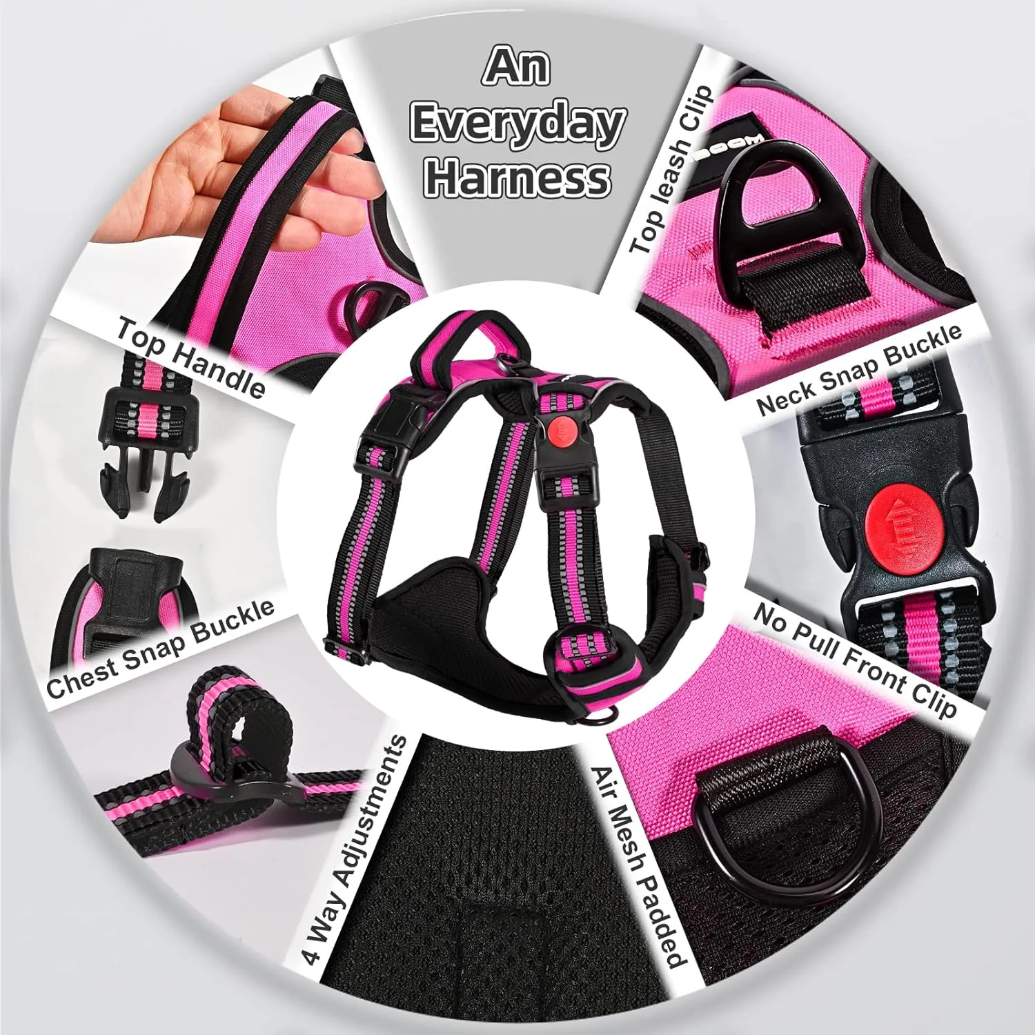 No Pull Dog Harness with A Free Heavy Duty 5ft Dog Leash, Adjustable Soft Padded Dog Vest, Reflective No-Choke Pet Oxford Vest with Easy Control Handle and Dog Leash for Dogs (Pink, Large)