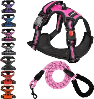 No Pull Dog Harness with A Free Heavy Duty 5ft Dog Leash, Adjustable Soft Padded Dog Vest, Reflective No-Choke Pet Oxford Vest with Easy Control Handle and Dog Leash for Dogs (Pink, Large)