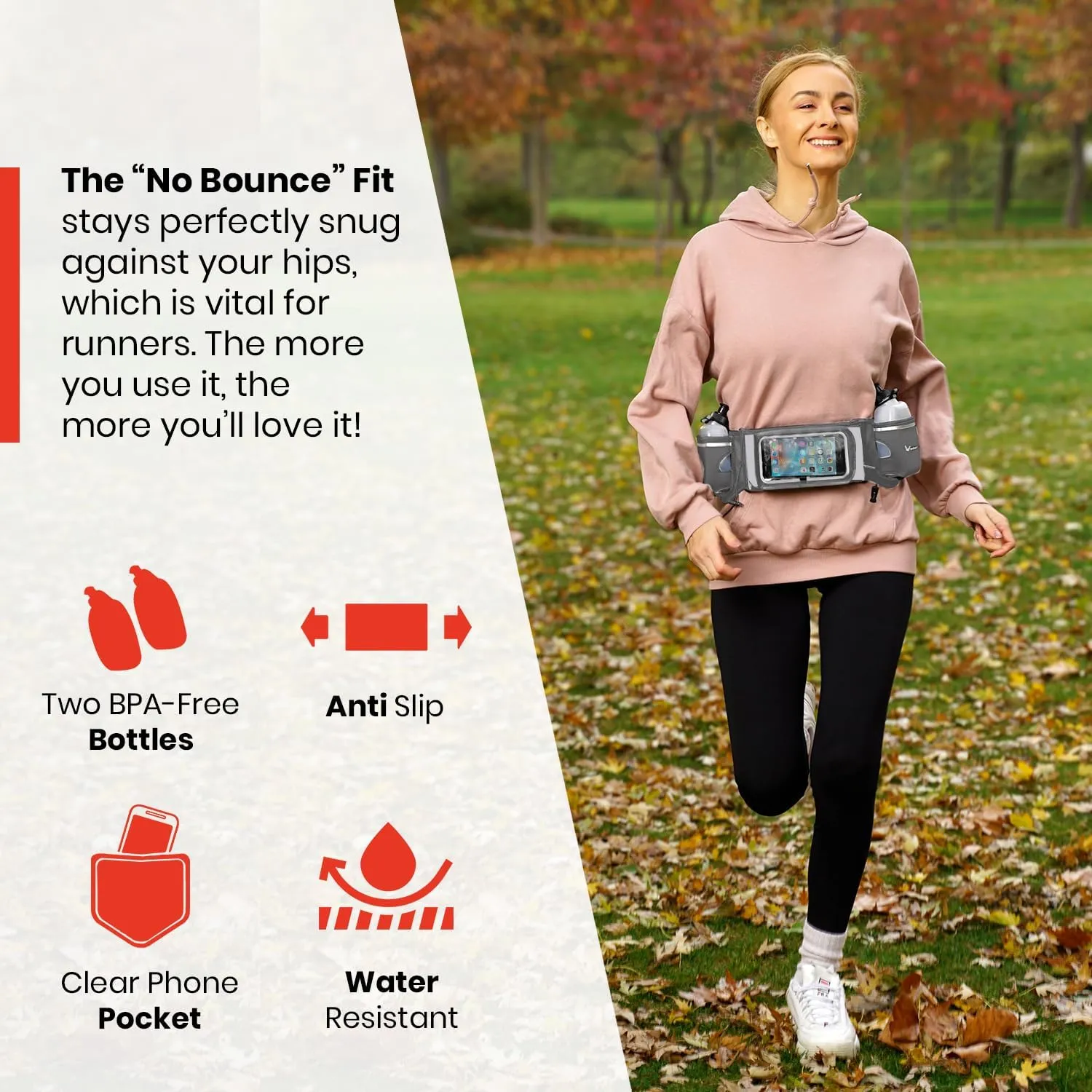 No.1 Hydration Belt by Runtasty - Premium Running Fuel Belt w/2 BPA-Free 10 oz Water Bottles, Tilt-Up Pocket w/Touchscreen-Ready Cover - Fits All iPhones, Runners Ebook & No-Bounce Design
