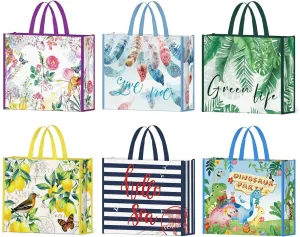 NymphFable 6 Pack Shopping Bags Non-woven Reusable Grocery Tote Bags 50LBS, 6 Styles