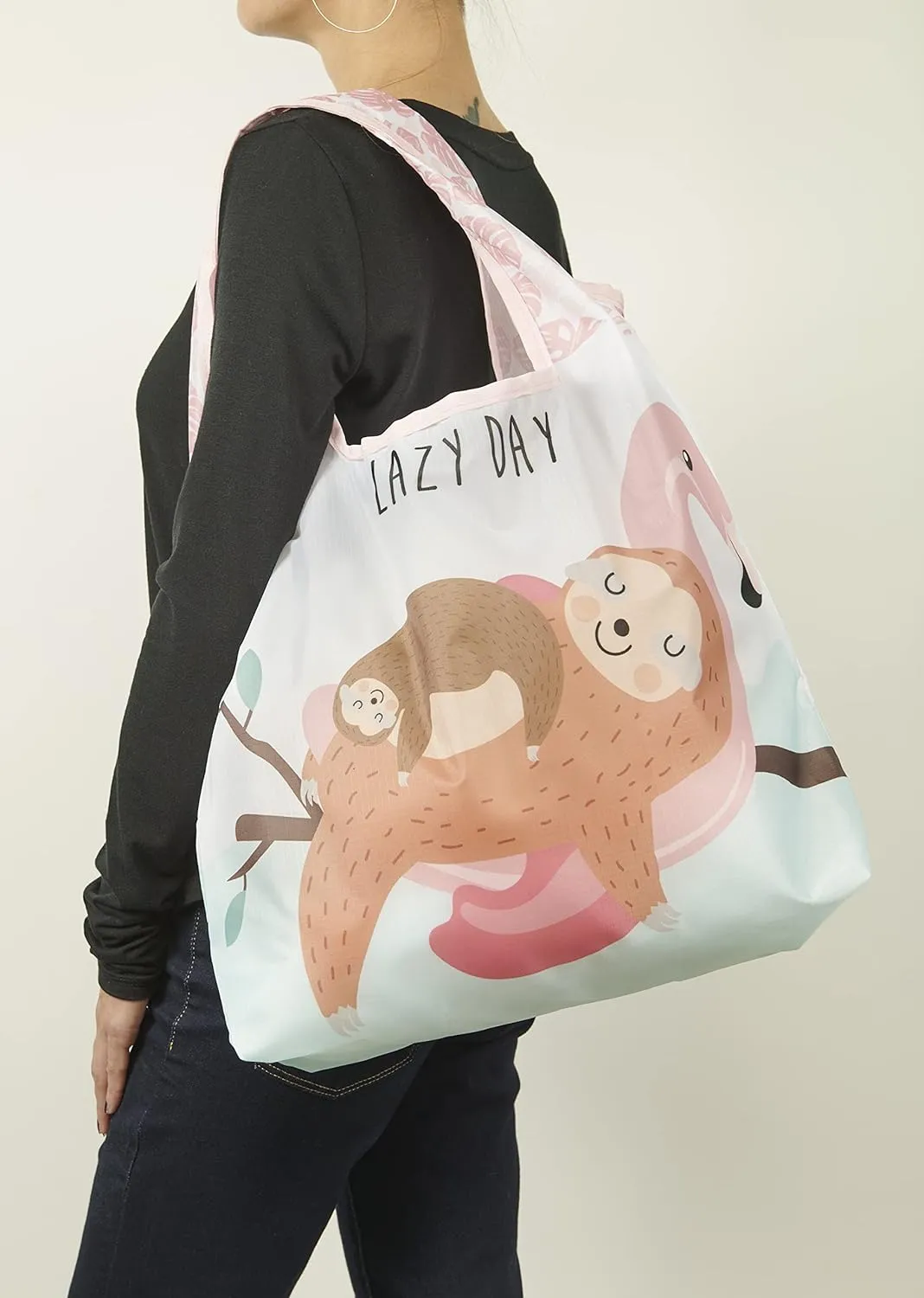 O-WITZ Reusable Grocery Bags | Vibrant Tote Bag For Groceries, Gym, Beach Gear, Toys & More | Washable Design With Large Handles For Maximum Convenience | Folds Into A Small Pouch, Sloth Pink