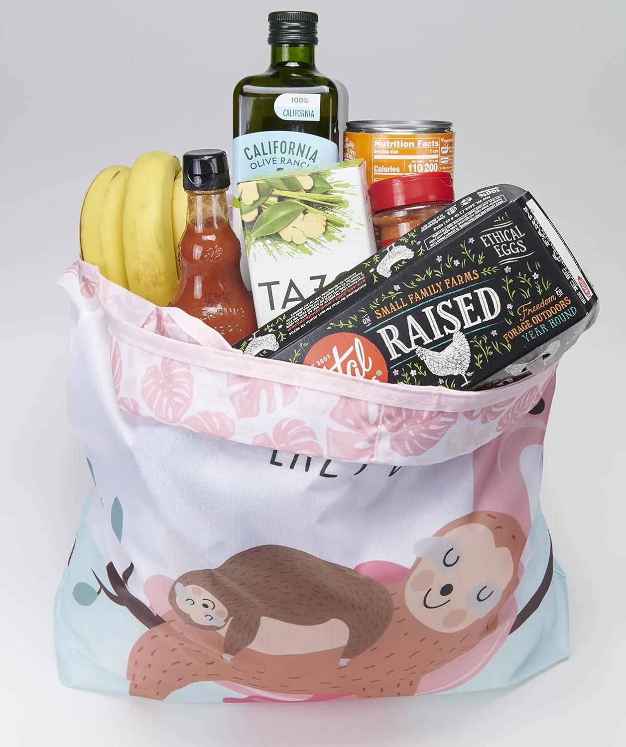 O-WITZ Reusable Grocery Bags | Vibrant Tote Bag For Groceries, Gym, Beach Gear, Toys & More | Washable Design With Large Handles For Maximum Convenience | Folds Into A Small Pouch, Sloth Pink