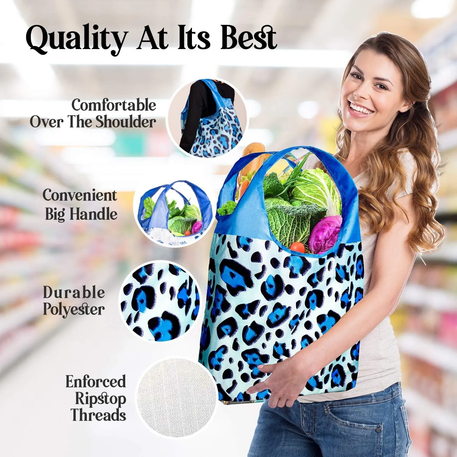 O-WITZ Reusable Grocery Bags | Vibrant Tote Bag For Groceries, Gym, Office, Beach & More | Washable Design With Large Handles For Maximum Convenience | Folds Into A Small Pouch, 5 Pack, Animal Vibes