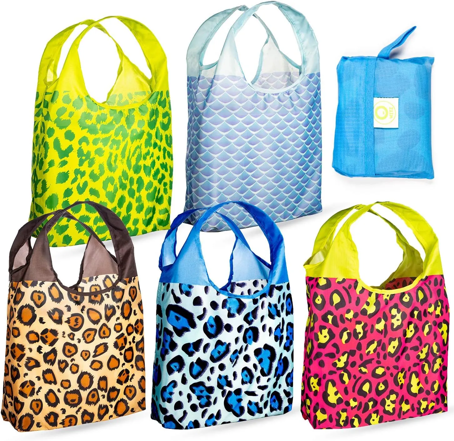 O-WITZ Reusable Grocery Bags | Vibrant Tote Bag For Groceries, Gym, Office, Beach & More | Washable Design With Large Handles For Maximum Convenience | Folds Into A Small Pouch, 5 Pack, Animal Vibes