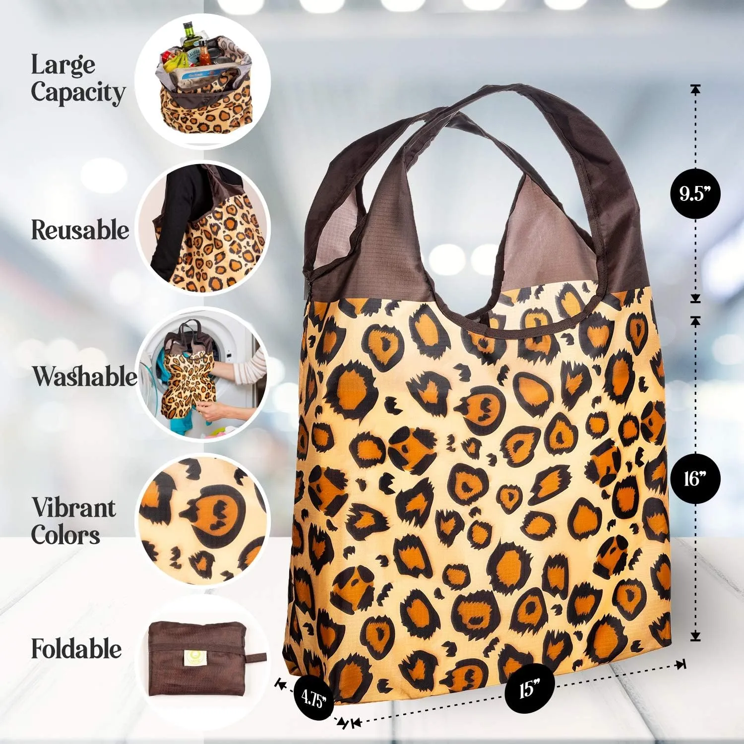 O-WITZ Reusable Grocery Bags | Vibrant Tote Bag For Groceries, Gym, Office, Beach & More | Washable Design With Large Handles For Maximum Convenience | Folds Into A Small Pouch, 5 Pack, Animal Vibes