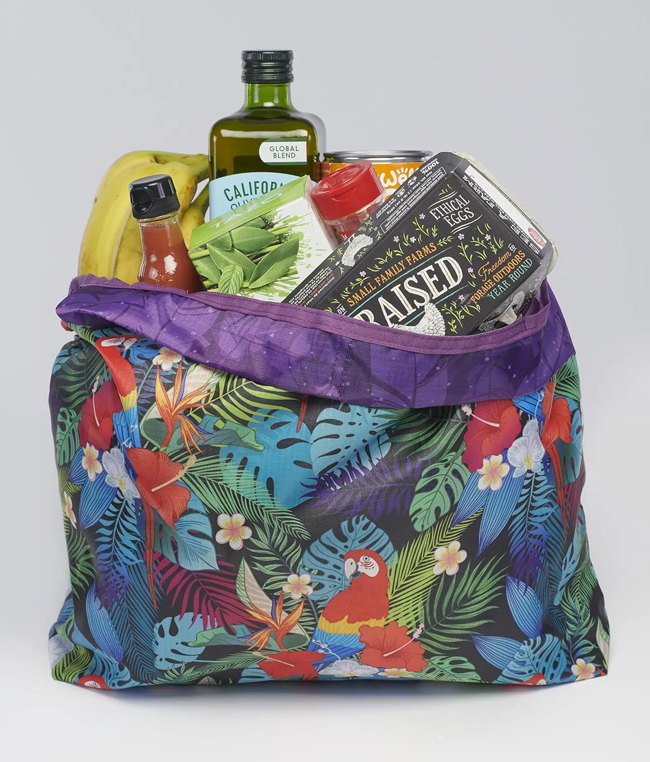 O-WITZ Reusable Grocery Bags | Vibrant Tote Bag For Groceries, Gym, Office, Beach, Toys & More | Washable Design With Large Handles For Maximum Convenience | Folds Into A Small Pouch, Parrots purple