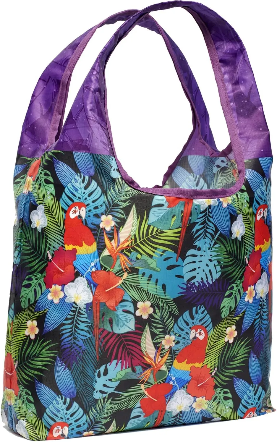 O-WITZ Reusable Grocery Bags | Vibrant Tote Bag For Groceries, Gym, Office, Beach, Toys & More | Washable Design With Large Handles For Maximum Convenience | Folds Into A Small Pouch, Parrots purple