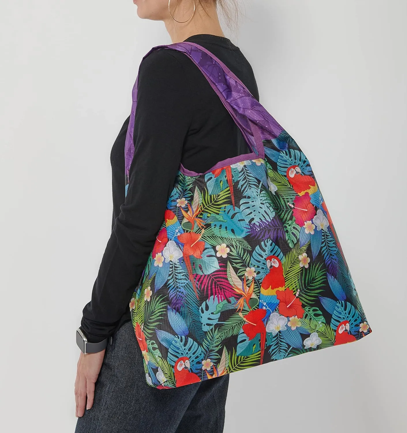 O-WITZ Reusable Grocery Bags | Vibrant Tote Bag For Groceries, Gym, Office, Beach, Toys & More | Washable Design With Large Handles For Maximum Convenience | Folds Into A Small Pouch, Parrots purple
