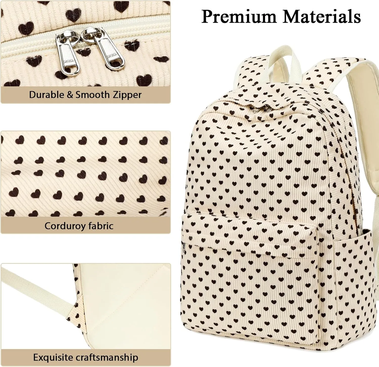 Octsky Backpack for Girls Teen Corduroy Bookbags Elementary Middle High School Bag Women Travel Daypacks Beige/Black
