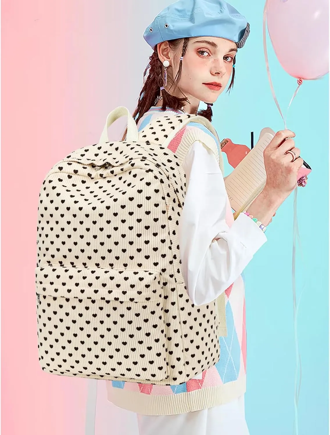 Octsky Backpack for Girls Teen Corduroy Bookbags Elementary Middle High School Bag Women Travel Daypacks Beige/Black