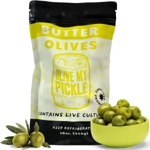 Olive My Pickle Green Olives Pitted Butter 16 oz | 1 Pack Bundle of Healthy Live Culture Castelvetrano Olives Pitted for Gut Health | Perfect Olive Snack Packs for Paleo Diets & More - 16oz per bag