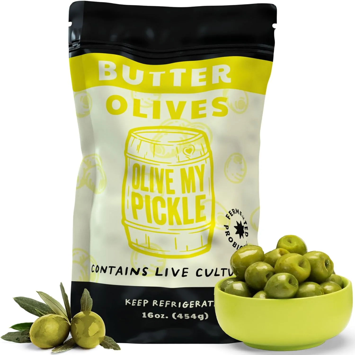 Olive My Pickle Green Olives Pitted Butter 16 oz | 1 Pack Bundle of Healthy Live Culture Castelvetrano Olives Pitted for Gut Health | Perfect Olive Snack Packs for Paleo Diets & More - 16oz per bag