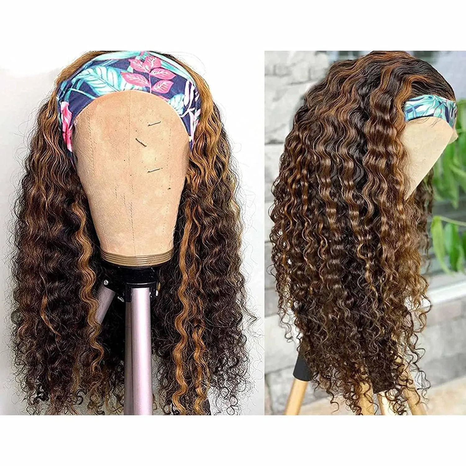 Ombre Wig Honey Blonde Wig 22 Inch 4/27 Highglight Wig Headband Wig Human Hair Deep Wave Headband Wig Curly Wig Colored Wigs