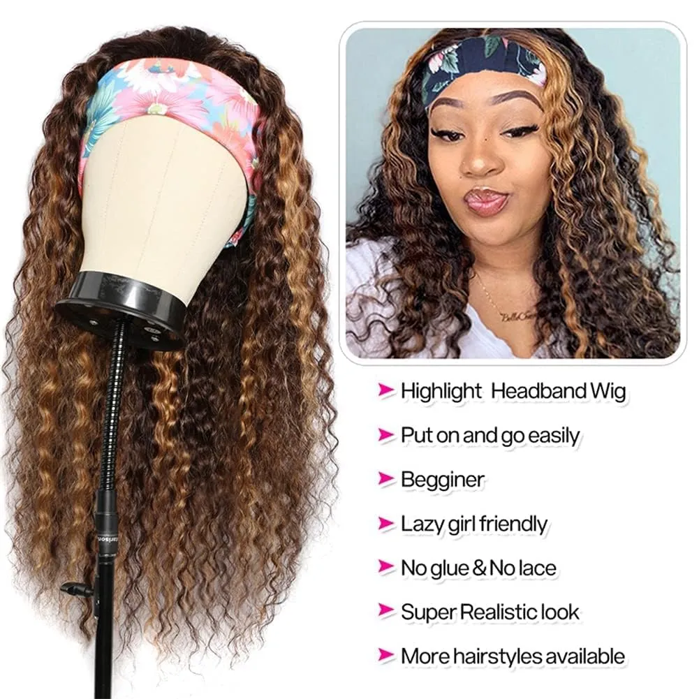 Ombre Wig Honey Blonde Wig 22 Inch 4/27 Highglight Wig Headband Wig Human Hair Deep Wave Headband Wig Curly Wig Colored Wigs