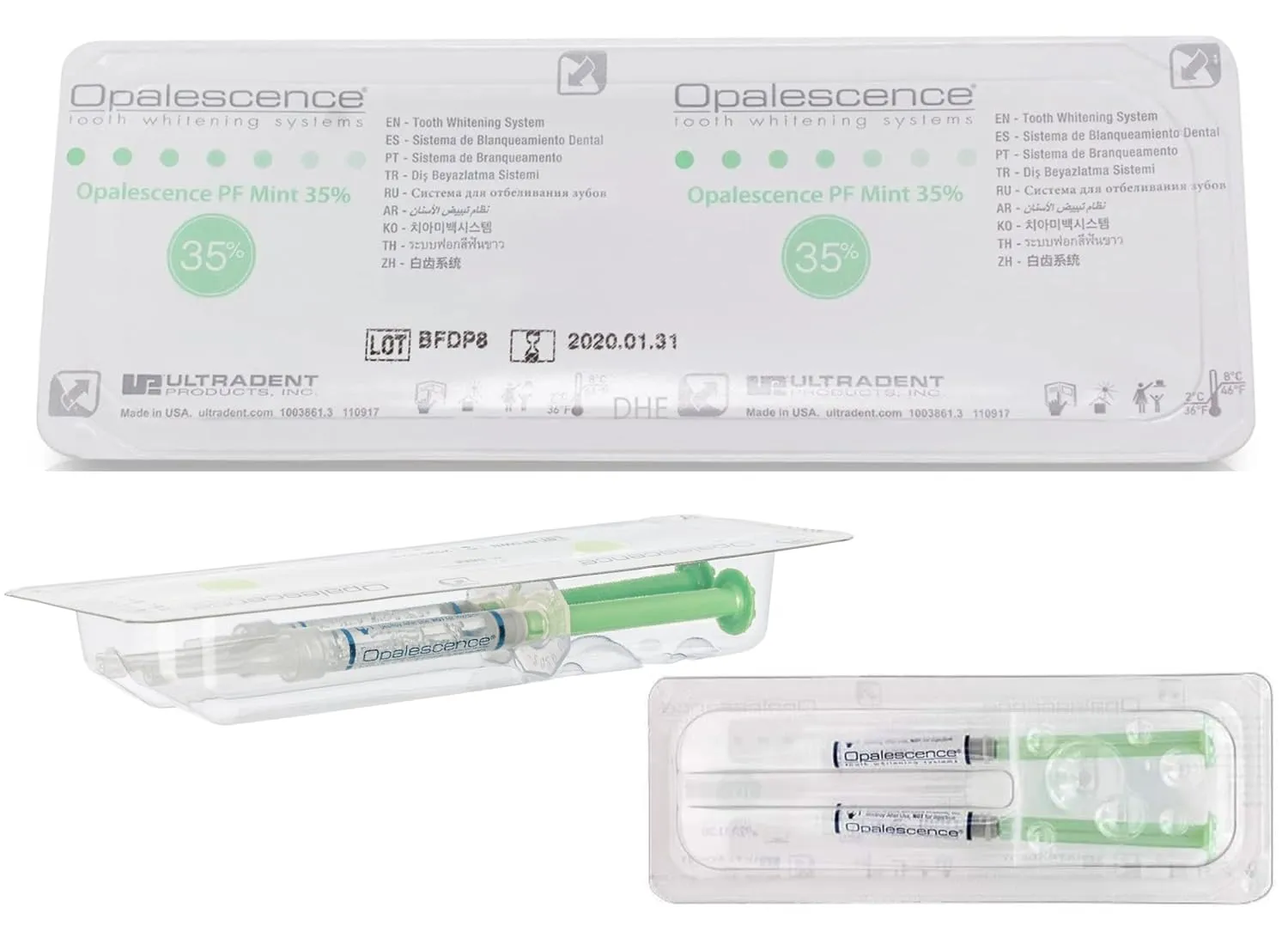 Opalescence 35% Gel Syringes Teeth Whitening - Refill Kit (4 Packs / 8 Count) Carbamide Peroxide. Made by Ultradent, in Cool Mint Flavor. Tooth Whitening Refill Syringes 5197-4