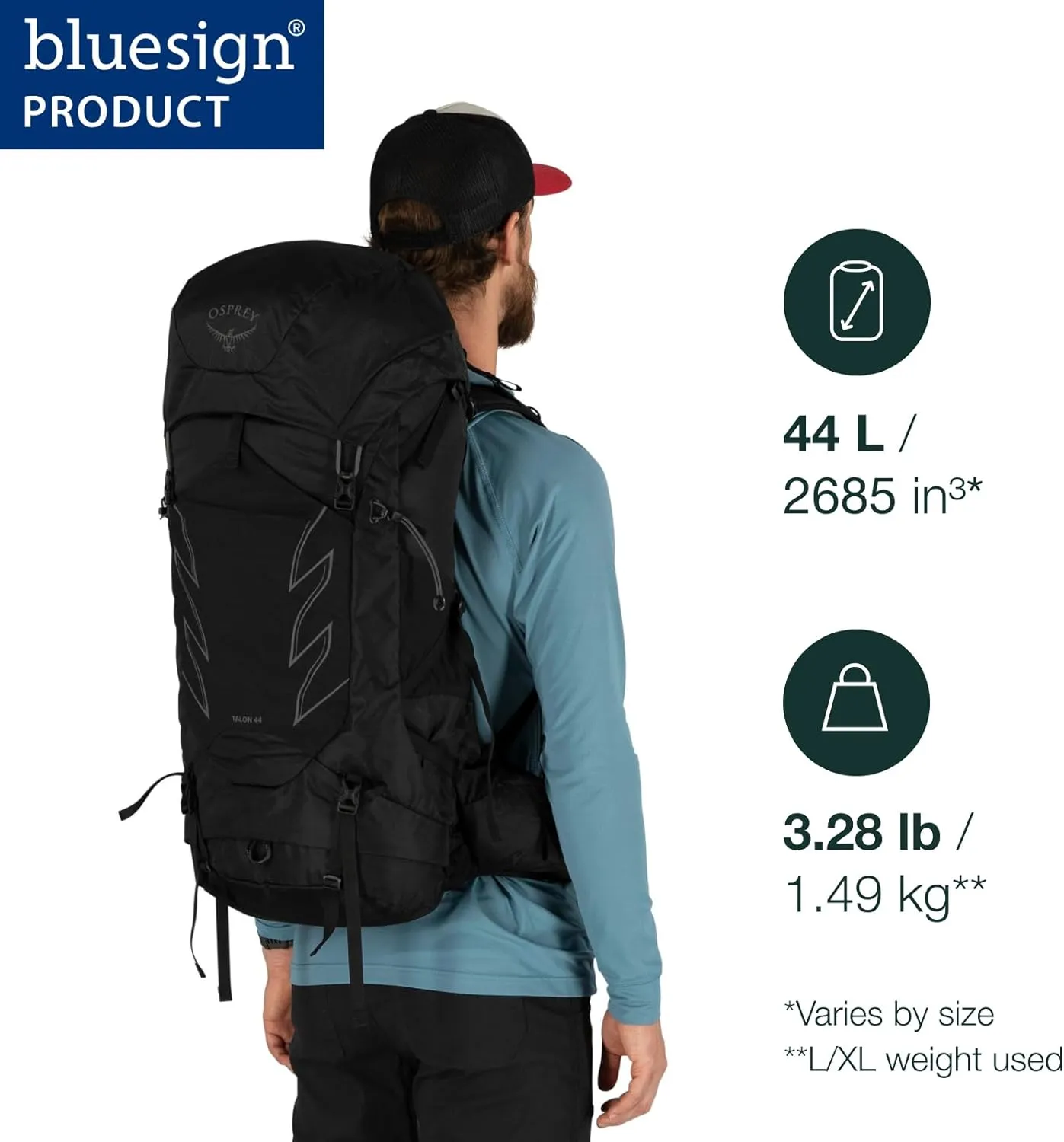 Osprey Talon 44L Men's Hiking Backpack with Hipbelt, Ceramic Blue, L/XL