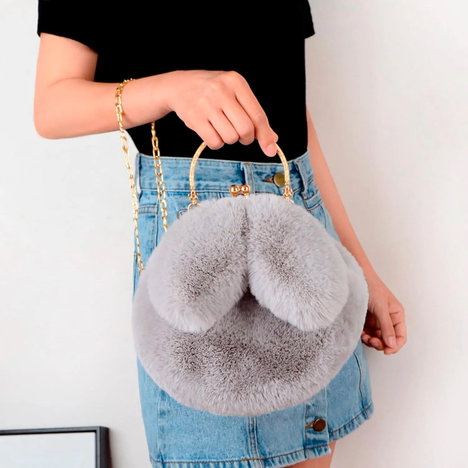 Outdoor Cute Ladies Shoulder Bag Casual Shopping Messenger Bag Round Cat Ear Plush Handbag Womens Small (One Size)