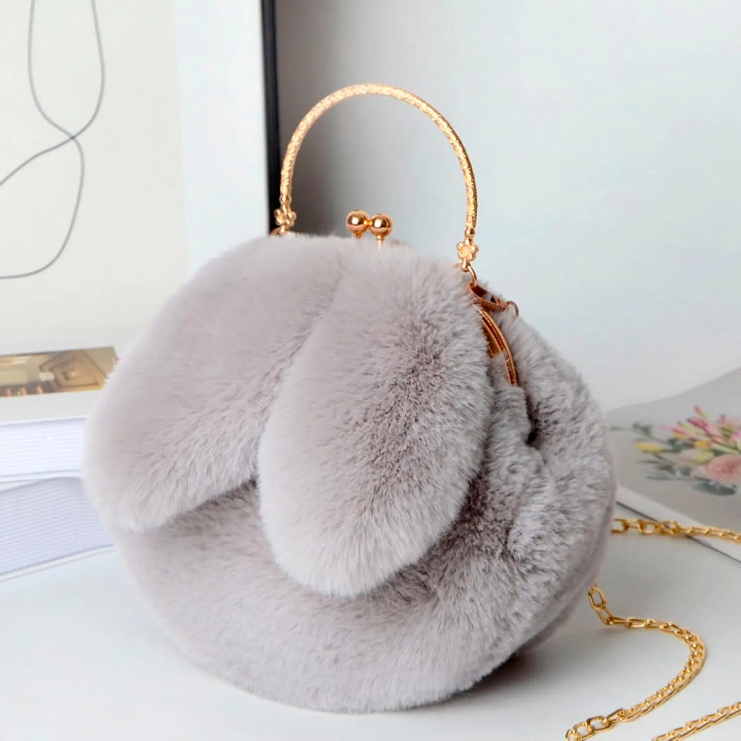 Outdoor Cute Ladies Shoulder Bag Casual Shopping Messenger Bag Round Cat Ear Plush Handbag Womens Small (One Size)