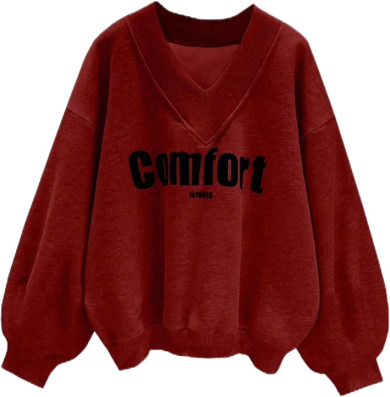 Oversized Sweatshirt for Women Drop Shoulder V-Neck Letter Graphic Pullover Long Sleeve Loose Fit Casual Top