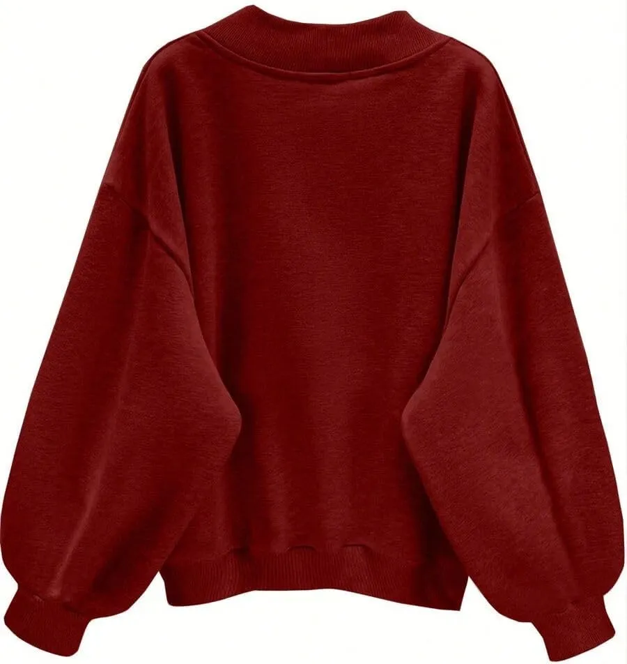 Oversized Sweatshirt for Women Drop Shoulder V-Neck Letter Graphic Pullover Long Sleeve Loose Fit Casual Top