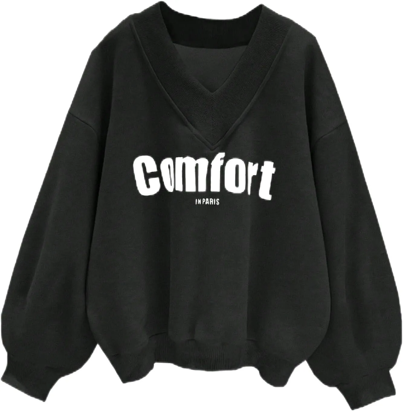Oversized Sweatshirt for Women Drop Shoulder V-Neck Letter Graphic Pullover Long Sleeve Loose Fit Casual Top