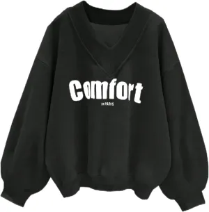 Oversized Sweatshirt for Women Drop Shoulder V-Neck Letter Graphic Pullover Long Sleeve Loose Fit Casual Top
