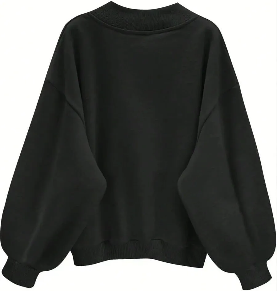 Oversized Sweatshirt for Women Drop Shoulder V-Neck Letter Graphic Pullover Long Sleeve Loose Fit Casual Top