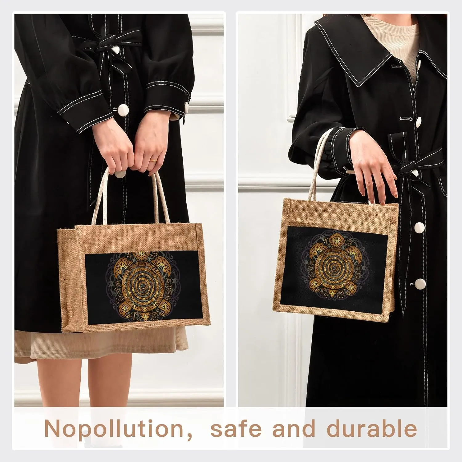 Oyihfvs Durable Burlap Bag with Handles, Zipper Jute Tote Reusable Bag Waterproof Lining for Shopping Work Travel beach