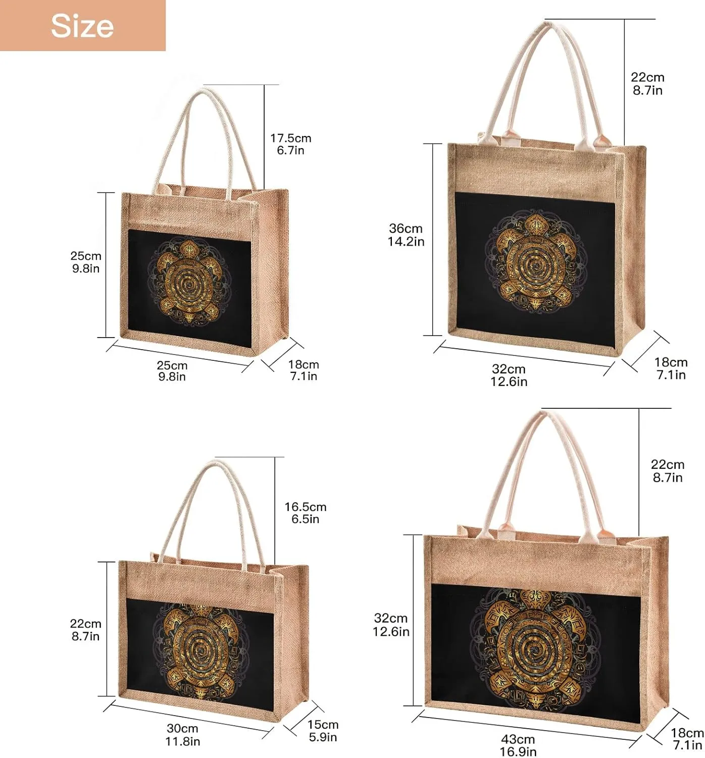 Oyihfvs Durable Burlap Bag with Handles, Zipper Jute Tote Reusable Bag Waterproof Lining for Shopping Work Travel beach