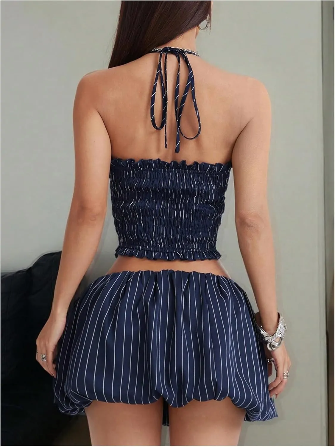 OYOANGLE Women's 2 Piece Striped Shirred Halter Crop Top with Bubble Skirt Set Y2K Festival Outfits
