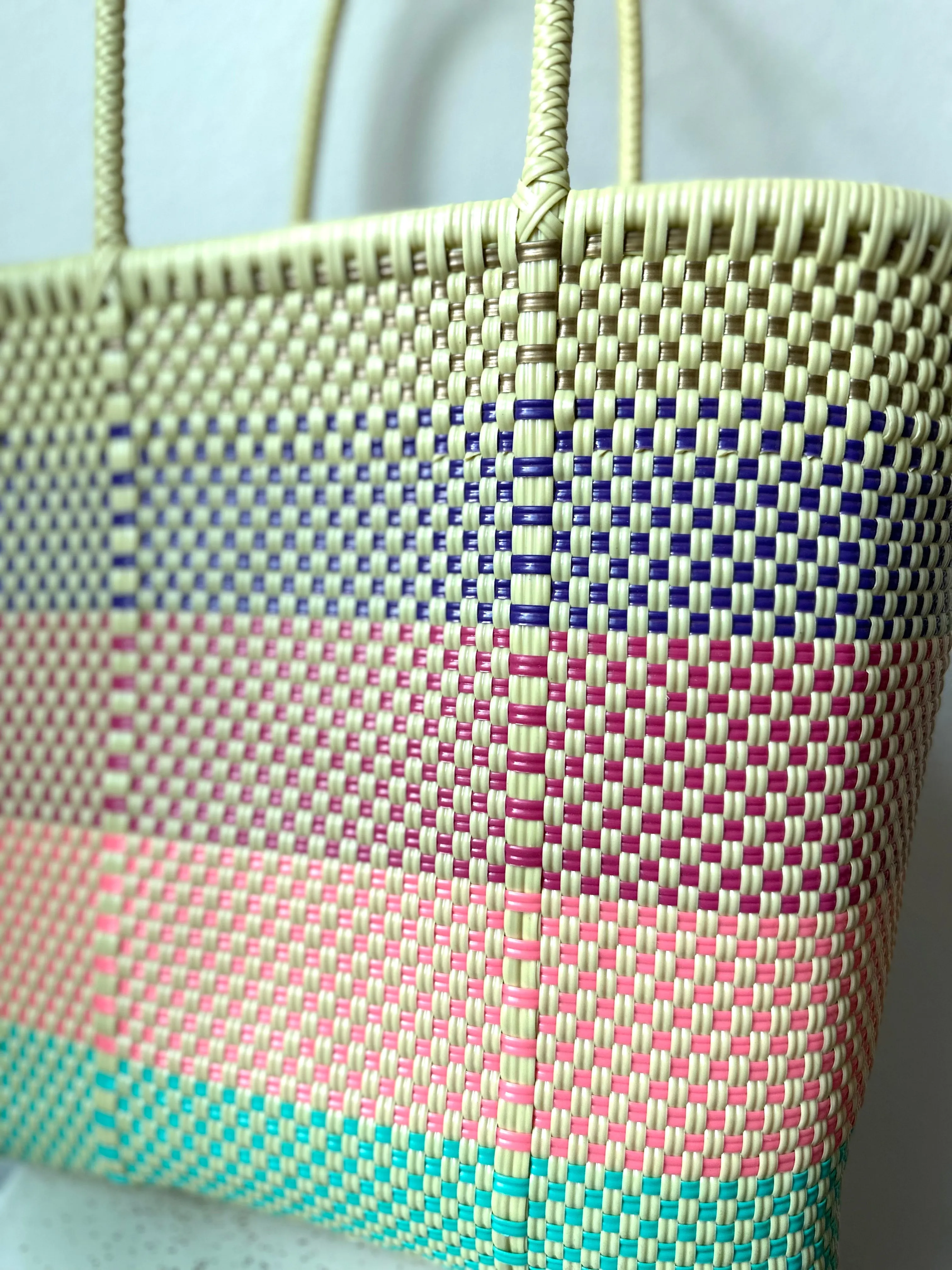 Pale Yellow, Purple, Pink and Turquoise Woven Tote