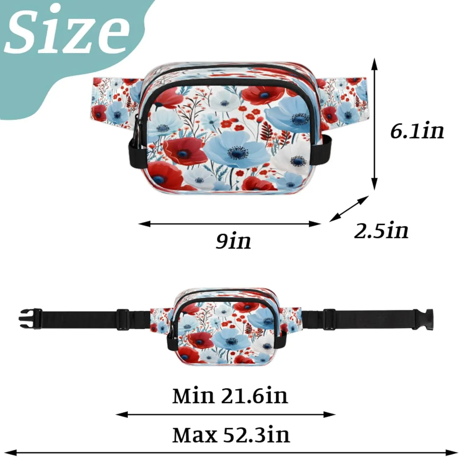 Patriotic Florals Waterproof Unisex Square Fanny Pack, Adjustable Waist Bag with Pockets, Sturdy Lightweight Crossbody Bag for Travel, Running, Hiking (9x6.1x2.5 Inches)