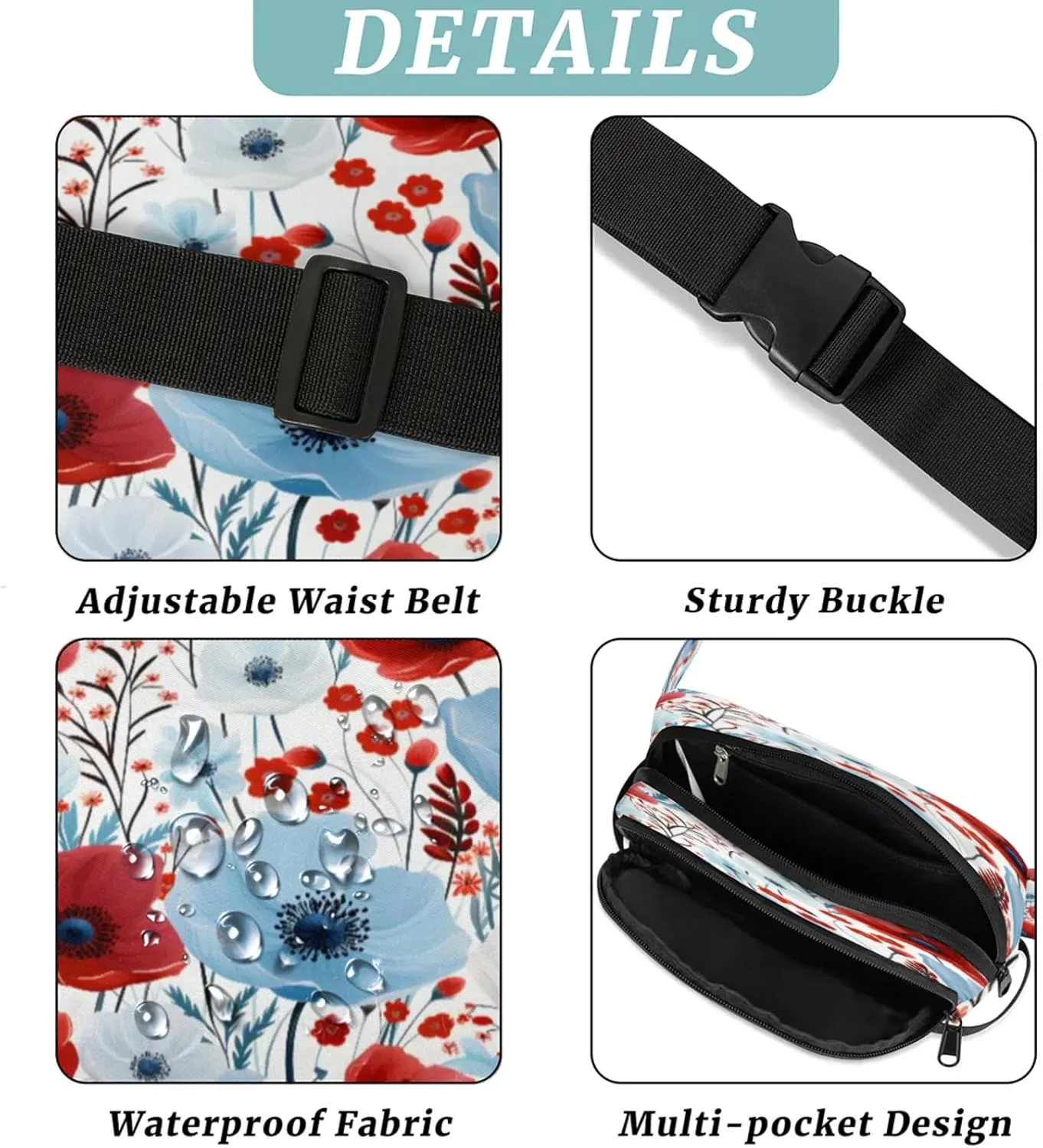 Patriotic Florals Waterproof Unisex Square Fanny Pack, Adjustable Waist Bag with Pockets, Sturdy Lightweight Crossbody Bag for Travel, Running, Hiking (9x6.1x2.5 Inches)