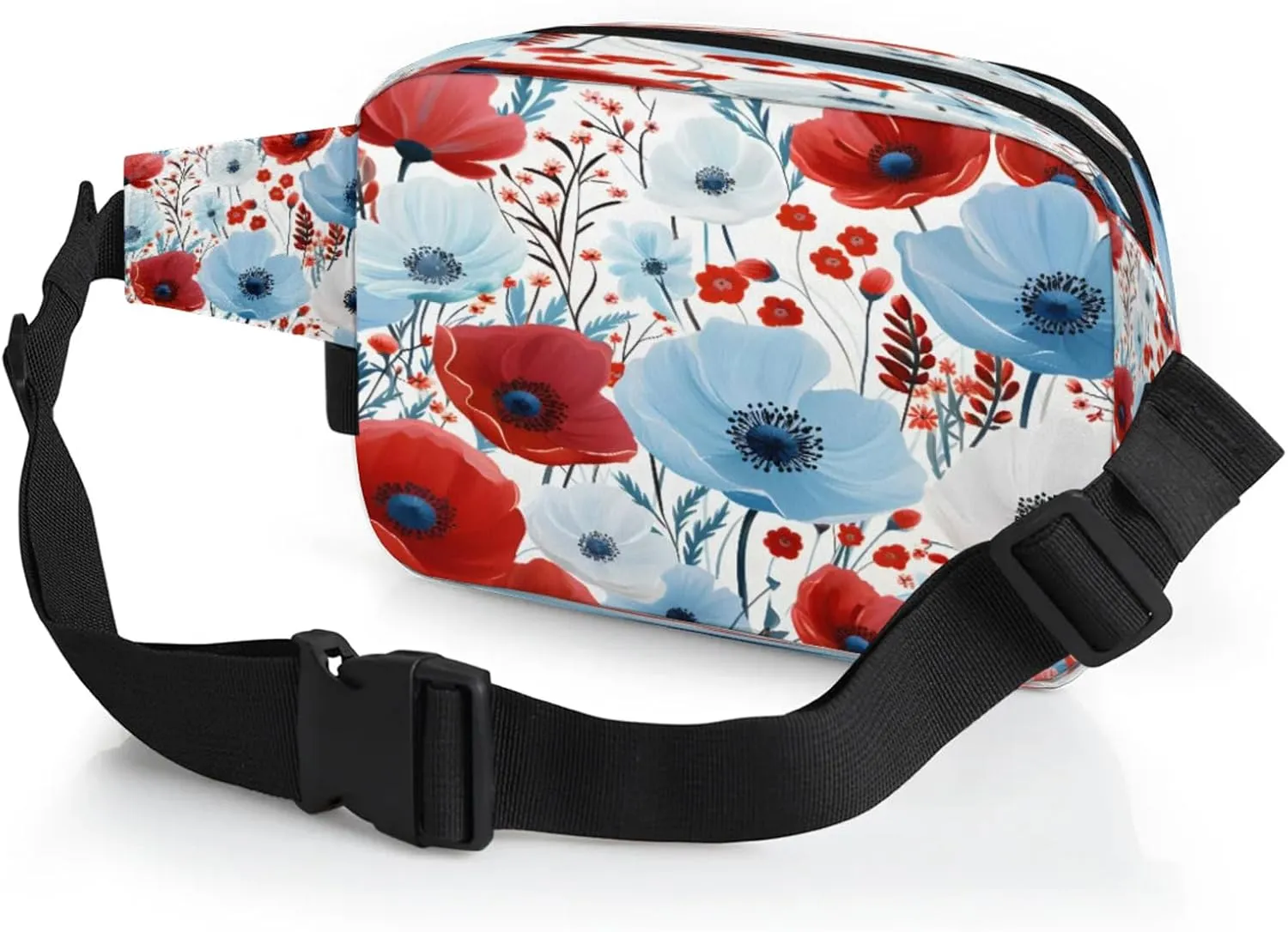 Patriotic Florals Waterproof Unisex Square Fanny Pack, Adjustable Waist Bag with Pockets, Sturdy Lightweight Crossbody Bag for Travel, Running, Hiking (9x6.1x2.5 Inches)