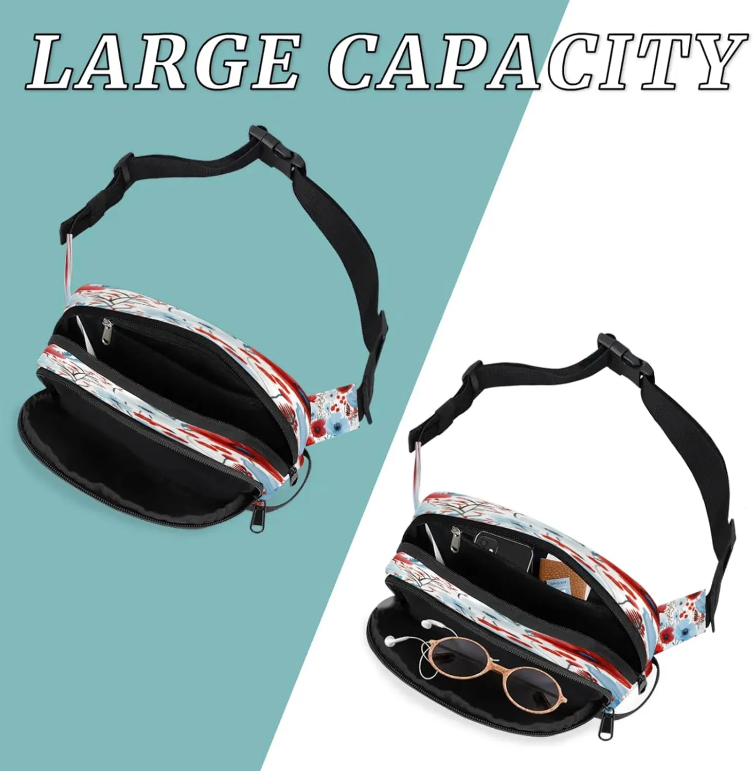 Patriotic Florals Waterproof Unisex Square Fanny Pack, Adjustable Waist Bag with Pockets, Sturdy Lightweight Crossbody Bag for Travel, Running, Hiking (9x6.1x2.5 Inches)