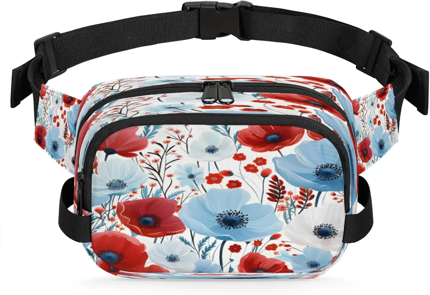 Patriotic Florals Waterproof Unisex Square Fanny Pack, Adjustable Waist Bag with Pockets, Sturdy Lightweight Crossbody Bag for Travel, Running, Hiking (9x6.1x2.5 Inches)