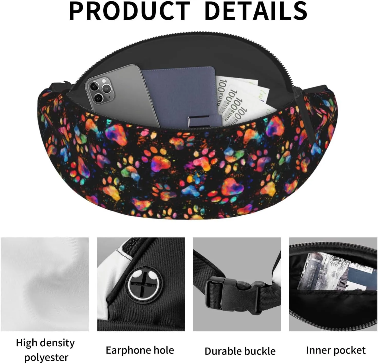 Paw Fanny Pack Waist Bag Adjustable Belt Bag For Men Women Traveling Hiking Cycling Running