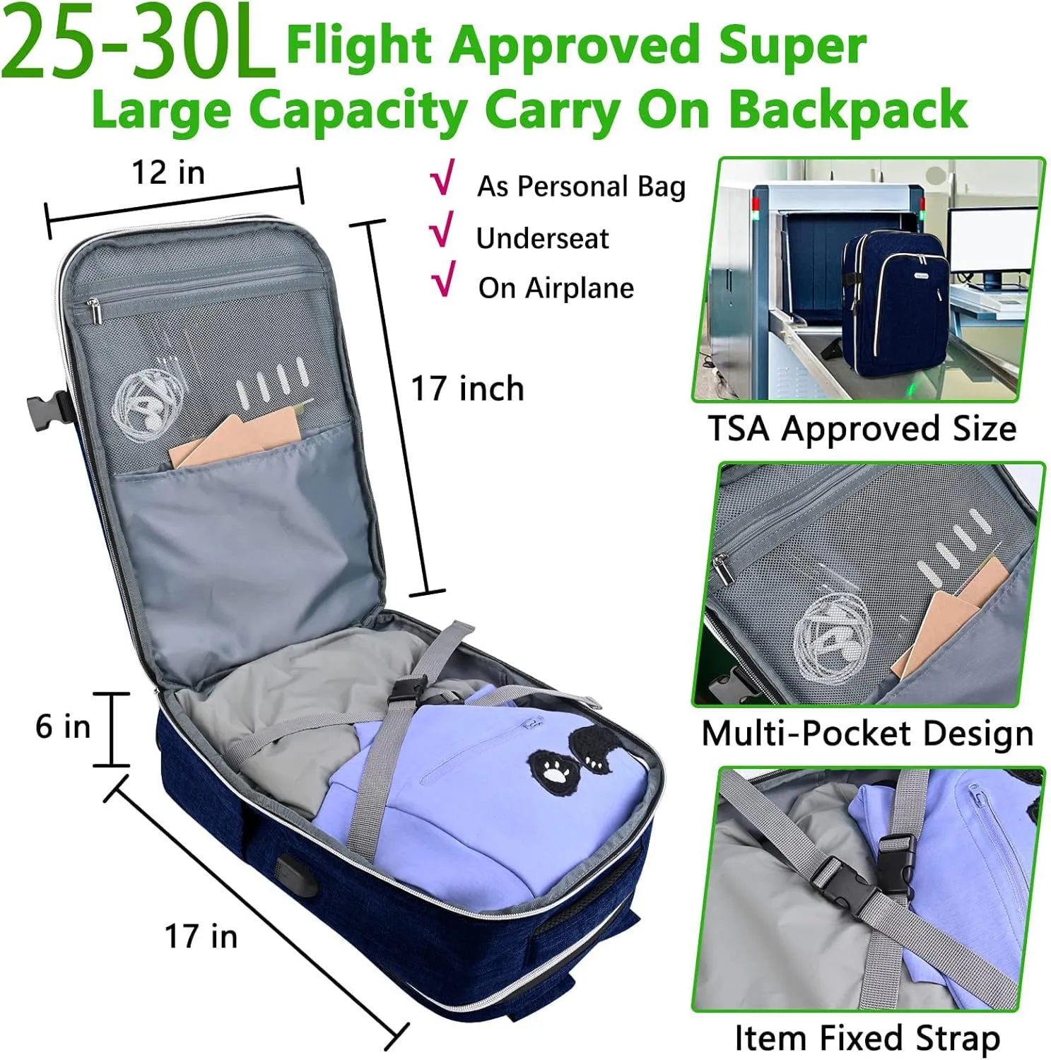Personal Item Travel Carry On Luggage Backpack for Women Men Flight Approved Casual Weekender Laptop Bag for College Business Outdoors Hiking Water Resistant Lightweight Daypack with USB Charging Port