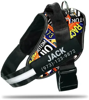 Personalized No-Pull Dog Harness with Name Patch, Adjustable, Reflective, Padded, Heavy Duty Pet Vest to Prevent Tugging, Pulling, or Choking, Training and Walking, Motorsport, XS