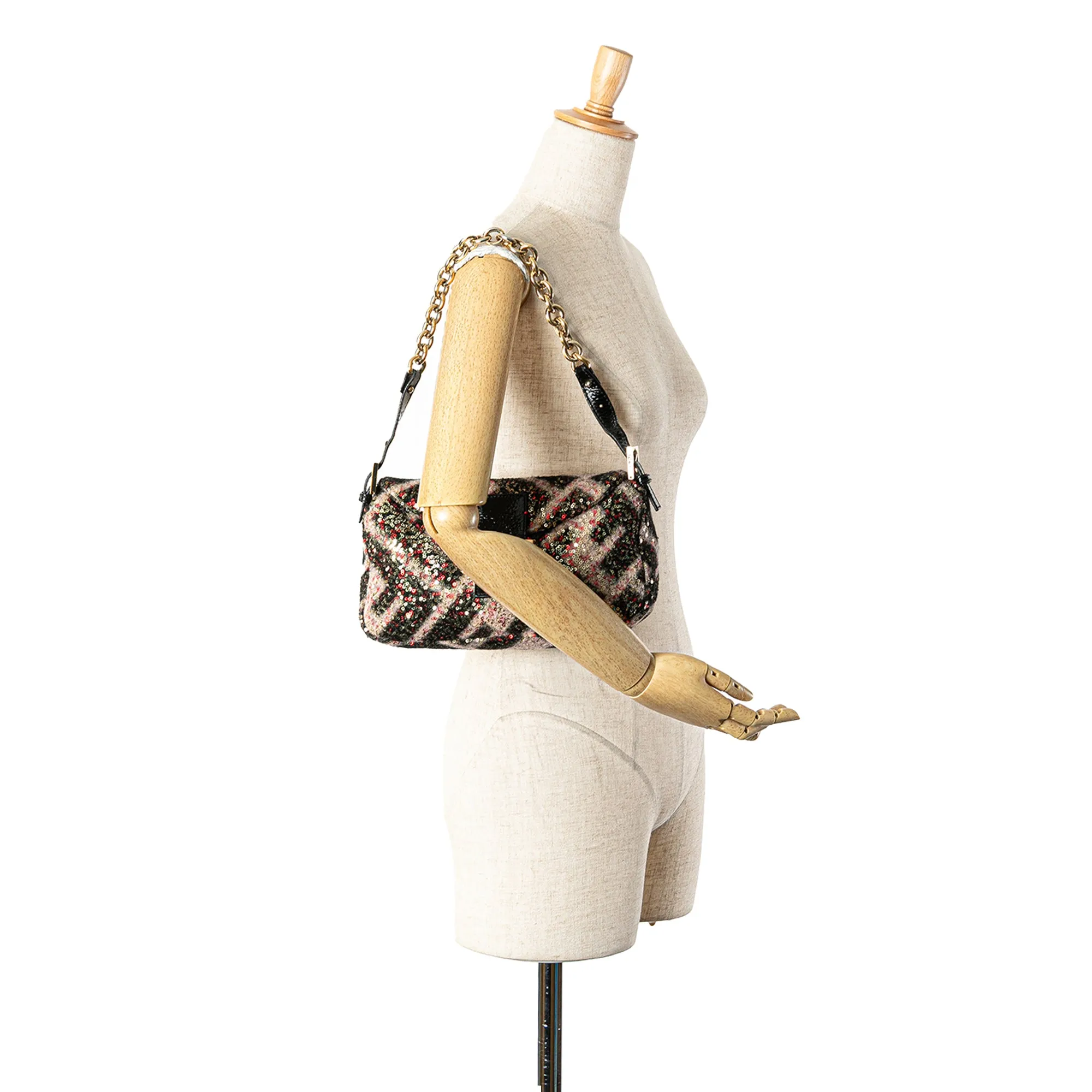 Pink Fendi Zucca Wool Sequined Double Flap Shoulder Bag